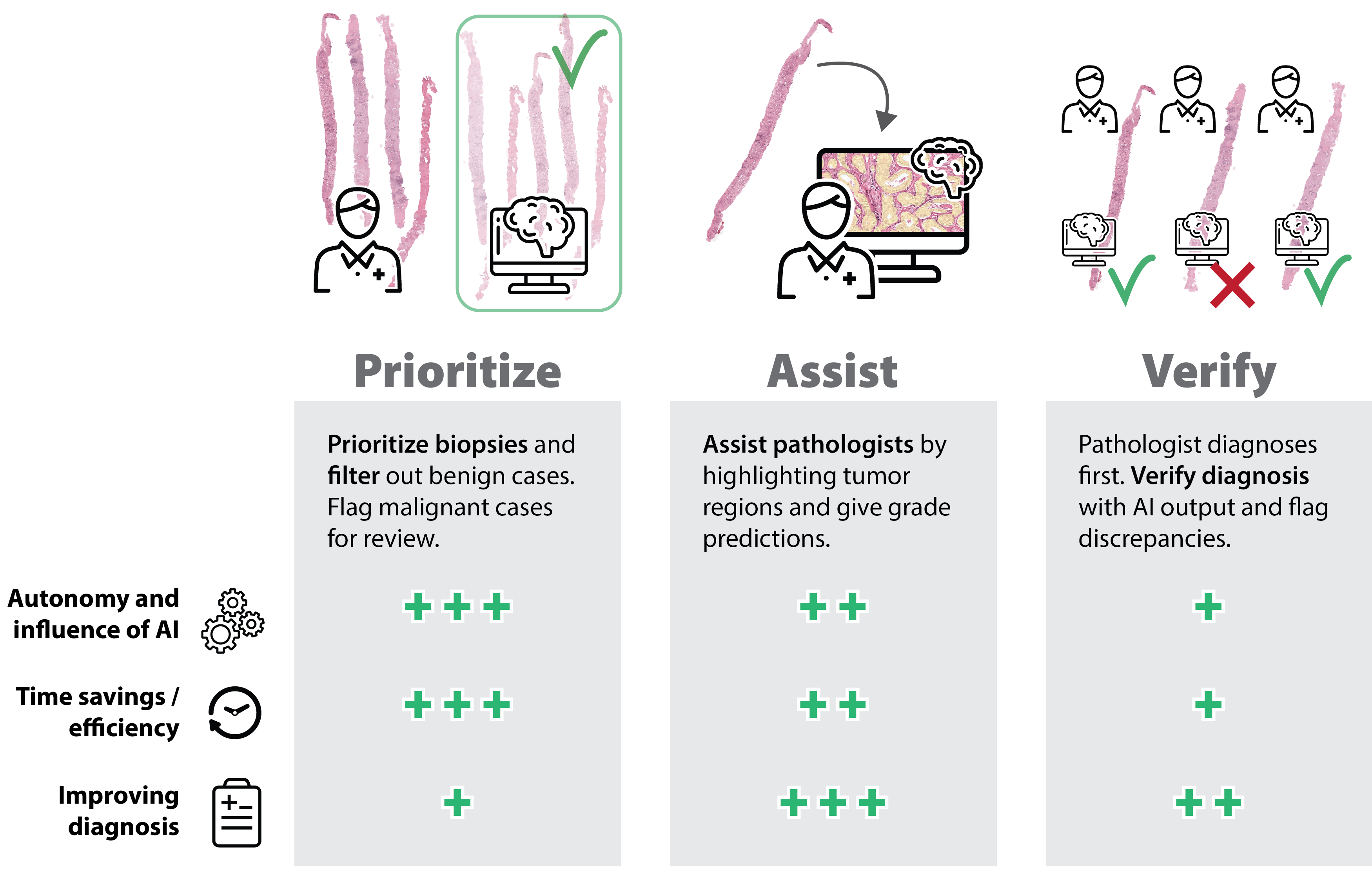 Three columns comparing an AI system that prioritizes biopsies, one that assists the pathologist, and one that verifies the diagnosis, each scored on autonomy, time savings, and improving diagnosis.