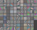 A grid of first-layer convolutional filters, each a small patch of oriented edges, stripes or flat colour.