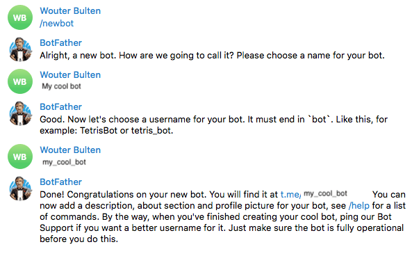 Setting up a new bot with Telegram using the BotFather.