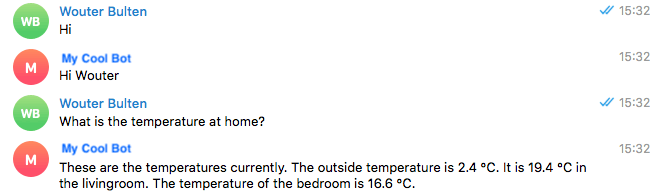 A conversation with my Home Assistant bot using Telegram.